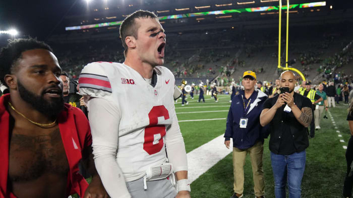 McCord celebrates after No. 6 Ohio State's 17-14 win over No.
9 Notre Dame on Sept. 23, 2023.
